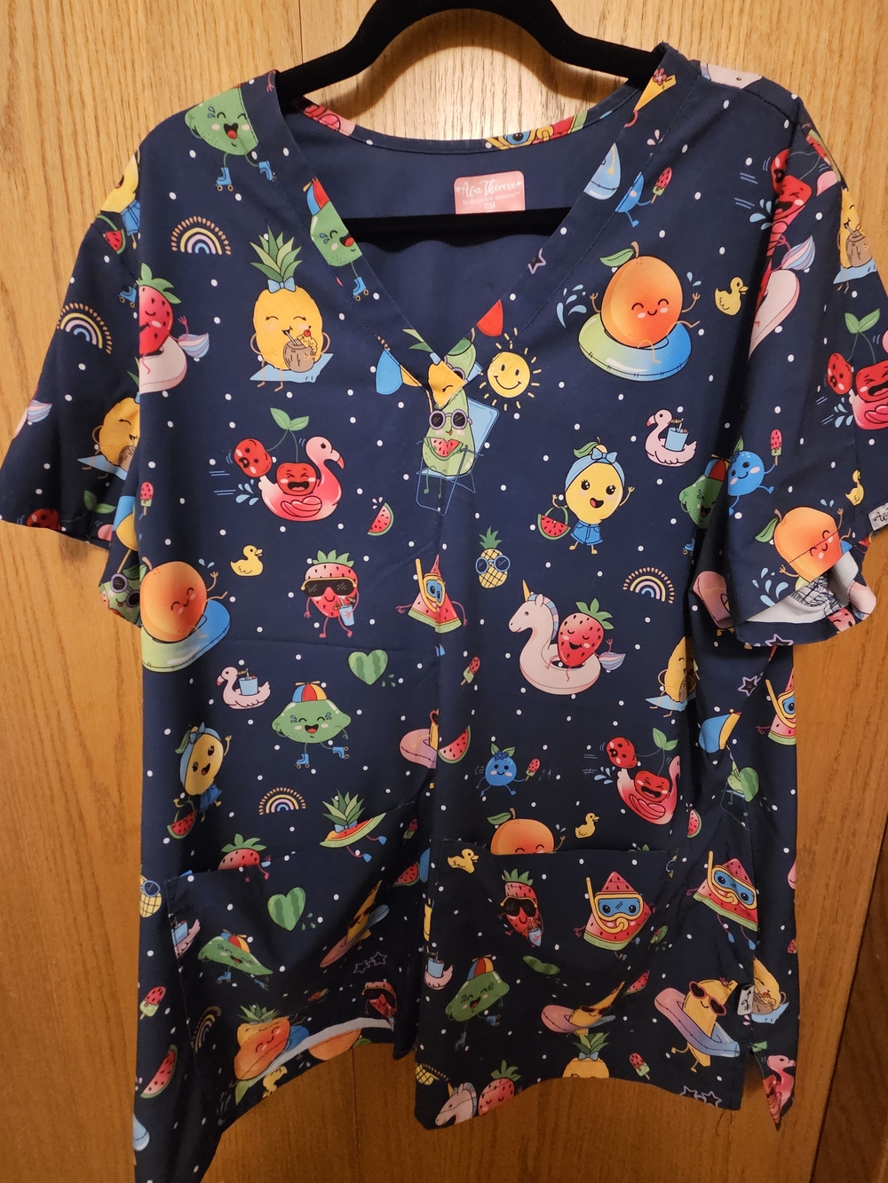 Nurse Uniform V-Neck Top in Navy with Fruit Print